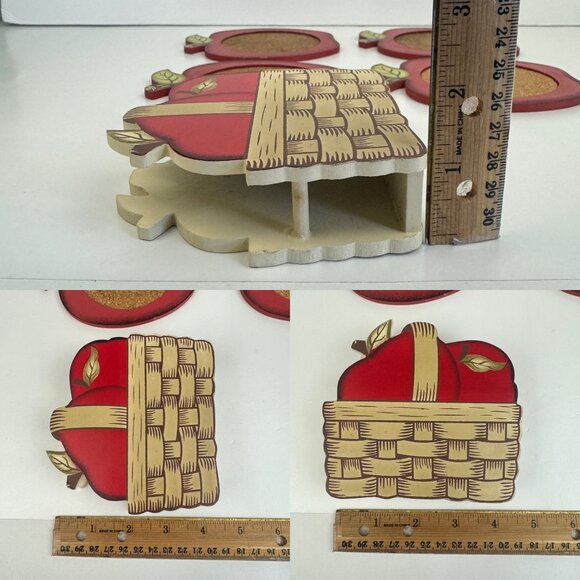 Vintage Set of 4 Red Apple Shape Coasters Wood Cork in Apple Basket Holder Theme - Picture 4 of 9